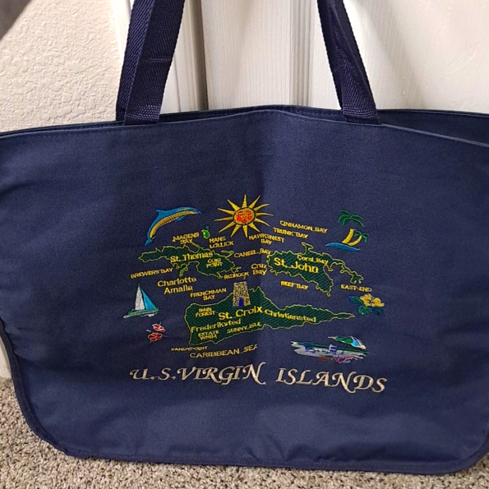 U.S. Virginia Islands Large Canvas Tote Bag is Blue with an Embroidered Map